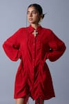 Quod_Red Cotton, Linen Embroidery Collared, Button-down Trip The Status Shirt Dress _Online_at_Aza_Fashions