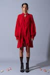 Quod_Red Cotton, Linen Embroidery Collared, Button-down Trip The Status Shirt Dress _at_Aza_Fashions