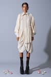 Quod_Off White Handloom Cotton, Linen Embroidery Collared Wolf Wing Sleeve Dress _Online_at_Aza_Fashions