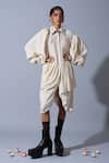 Buy_Quod_Off White Handloom Cotton, Linen Embroidery Collared Wolf Wing Sleeve Dress _at_Aza_Fashions