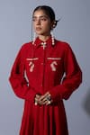 Quod_Red Cotton, Linen Embroidery Collared, Button-down Neck Horses Of Love Dress _Online_at_Aza_Fashions