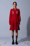 Shop_Quod_Red Cotton, Linen Embroidery Collared, Button-down Neck Horses Of Love Dress _Online_at_Aza_Fashions
