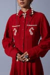 Quod_Red Cotton, Linen Embroidery Collared, Button-down Neck Horses Of Love Dress _at_Aza_Fashions