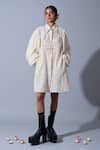 Buy_Quod_Off White Cotton, Linen Collared, Button-down Neck Ruff Tape Work Dress _at_Aza_Fashions