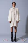 Shop_Quod_Off White Cotton, Linen Collared, Button-down Neck Ruff Tape Work Dress _Online_at_Aza_Fashions