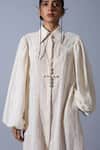 Quod_Off White Cotton, Linen Collared, Button-down Neck Ruff Tape Work Dress _at_Aza_Fashions
