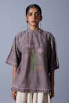 Quod_Brown Linen, Handloom Cotton Embroidery Round Neck Blooms T-shirt _at_Aza_Fashions