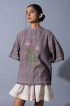 Buy_Quod_Brown Linen, Handloom Cotton Embroidery Round Neck Blooms T-shirt _at_Aza_Fashions