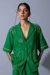 Buy_Quod_Green Linen, Cotton Embroidery V-neck, Collared Dice Hand Shirt _at_Aza_Fashions