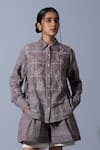 Buy_Quod_Brown Cotton, Linen Embroidery Collared Checkered Handwoven Shirt _at_Aza_Fashions