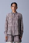 Quod_Brown Cotton, Linen Embroidery Collared Checkered Handwoven Shirt _at_Aza_Fashions