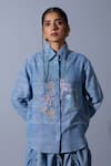 Buy_Quod_Blue Cotton, Linen Embroidery Collared Sad Boyfriend Hand Shirt _at_Aza_Fashions