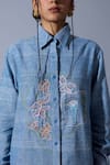 Quod_Blue Cotton, Linen Embroidery Collared Sad Boyfriend Hand Shirt _at_Aza_Fashions