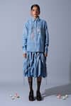 Quod_Blue Handloom Cotton, Linen Gathered Handwoven Skirt _Online_at_Aza_Fashions