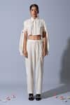 Quod_Off White Linen, Cotton Collared Cropped Tie-up Sleeves Shirt _Online_at_Aza_Fashions