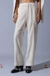 Quod_Off White Handloom Cotton, Linen Embroidery, Patchwork Office Handwoven Pant _at_Aza_Fashions