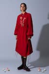 Buy_Quod_Red Linen, Cotton Embroidery Collared, Button-down Neck Classic Shirt Dress _at_Aza_Fashions