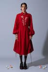 Quod_Red Linen, Cotton Embroidery Collared, Button-down Neck Classic Shirt Dress _Online_at_Aza_Fashions