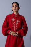 Buy_Quod_Red Linen, Cotton Embroidery Collared, Button-down Neck Classic Shirt Dress _Online_at_Aza_Fashions