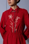 Quod_Red Linen, Cotton Embroidery Collared, Button-down Neck Classic Shirt Dress _at_Aza_Fashions