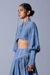 Shop_Quod_Blue Handloom Cotton, Linen Embroidery Collared, Button-down Mini Climber Top _Online_at_Aza_Fashions