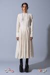 Quod_Off White Handloom Cotton, Linen Embroidery Round Neck Theatre Handwoven Dress _Online_at_Aza_Fashions