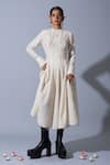Buy_Quod_Off White Handloom Cotton, Linen Embroidery Round Neck Theatre Handwoven Dress _at_Aza_Fashions