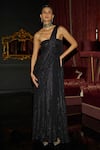 Buy_Dash And Dot_Black Polyester Sequins One Shoulder Saree Gown _at_Aza_Fashions