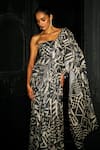 Shop_Dash And Dot_Black Polyester One Shoulder Geometric Pattern Draped Saree Gown _Online_at_Aza_Fashions