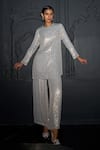 Buy_Dash And Dot_Silver Viscose Sequins Round Neck Geometric Embroidered Kurta _at_Aza_Fashions