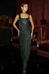 Shop_Dash And Dot_Emerald Green Polyester Sequins Square Neck Shimmer Finish Draped Gown _at_Aza_Fashions