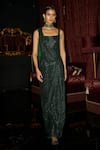Buy_Dash And Dot_Emerald Green Polyester Sequins Square Neck Shimmer Finish Draped Gown _at_Aza_Fashions