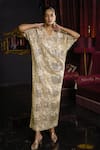 Dash And Dot_Brown Polyester Sequins, Embroidery V-neck Floral And Geometric Kaftan _Online_at_Aza_Fashions
