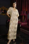 Buy_Dash And Dot_Brown Polyester Sequins, Embroidery V-neck Floral And Geometric Kaftan _Online_at_Aza_Fashions