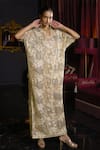 Buy_Dash And Dot_Brown Polyester Sequins, Embroidery V-neck Floral And Geometric Kaftan _at_Aza_Fashions