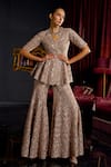 Buy_Dash And Dot_Brown Polyester Sequins, Embroidery V-neck Peplum Tunic And Flared Pant Set _at_Aza_Fashions
