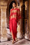 Buy_Dash And Dot_Red Silk, Viscose Zari Collared Striped Shirt And Draped Skirt Set _Online_at_Aza_Fashions