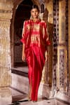 Shop_Dash And Dot_Red Silk, Viscose Zari Collared Striped Shirt And Draped Skirt Set 