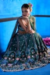 Shop_The Whole Nine Yards_Emerald Green Satin, Dupion, Net Beads, Her Secret Garden Printed Lehenga Set _Online_at_Aza_Fashions