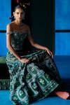 The Whole Nine Yards_Emerald Green Satin, Dupion Beads, In Her Reverie Printed Lehenga With Corset _Online_at_Aza_Fashions