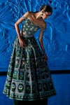 The Whole Nine Yards_Emerald Green Satin, Dupion Beads, In Her Reverie Printed Lehenga With Corset _at_Aza_Fashions