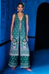 Buy_The Whole Nine Yards_Emerald Green Satin, Dupion Embroidery, The Soiree Printed Jacket With Palazzo _at_Aza_Fashions