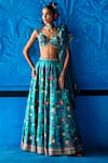 Shop_The Whole Nine Yards_Teal Dupion, Satin, Net Beads, Sequins, Signed With Grace Printed Lehenga Set _at_Aza_Fashions