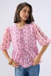 Shop_Raw & Rustic By Niti Bothra_Pink Linen, Cotton Lace Round , Keyhole Floral Print Peplum Top _Online_at_Aza_Fashions