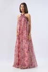 Raw & Rustic By Niti Bothra_Pink Organza Beads Halter Neck Printed Dress _Online_at_Aza_Fashions