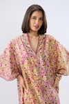 Raw & Rustic By Niti Bothra_Pink Linen, Cotton Beads, Embroidery, Piping V-neck Floral Print Kaftan Dress _Online_at_Aza_Fashions