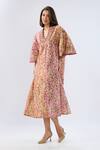 Buy_Raw & Rustic By Niti Bothra_Pink Linen, Cotton Beads, Embroidery, Piping V-neck Floral Print Kaftan Dress _Online_at_Aza_Fashions