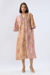 Raw & Rustic By Niti Bothra_Pink Linen, Cotton Beads, Embroidery, Piping V-neck Floral Print Kaftan Dress _at_Aza_Fashions