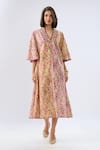Buy_Raw & Rustic By Niti Bothra_Pink Linen, Cotton Beads, Embroidery, Piping V-neck Floral Print Kaftan Dress 
