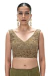 Buy_Mimamsaa_Olive Green Tissue, Silk Embroidery, Beads, Metallic Irem Handwoven And Blouse _at_Aza_Fashions
